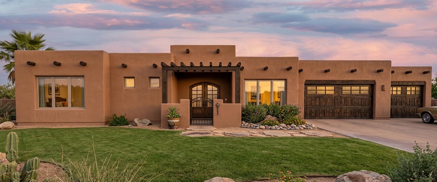 Featured OchoWorks Designs Santa Fe style home plan rendering