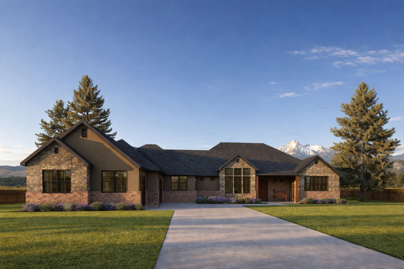 Single story luxury ranch home with stone and stucco exterior, multiple gable roofs, large windows, and three-car garage - modern traditional architectural design