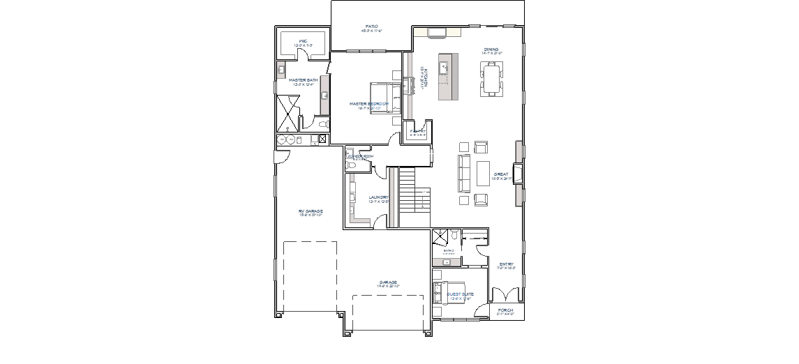 Main floor plan showing open concept layout with master suite, kitchen, dining, living areas, laundry, mudroom, porch, and three-car RV garage totaling 2637 square feet