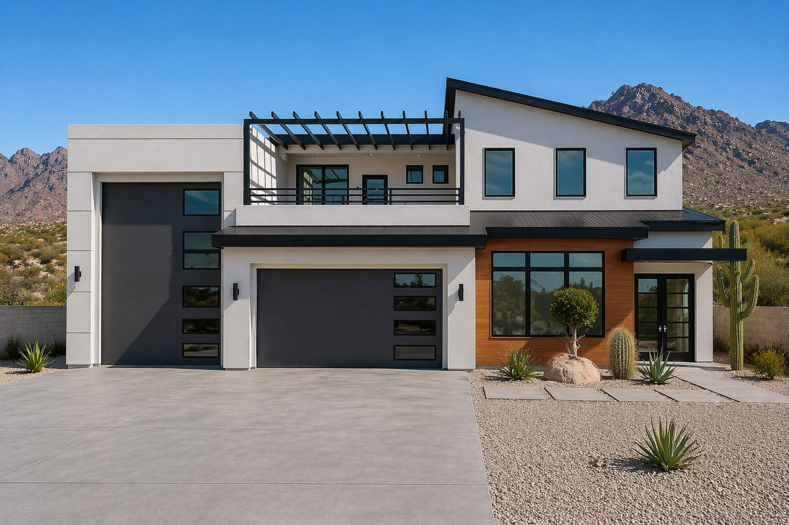 Modern contemporary home exterior with flat roof design, horizontal siding, large windows, covered entry with decorative door, and three-car RV garage with pergola accent